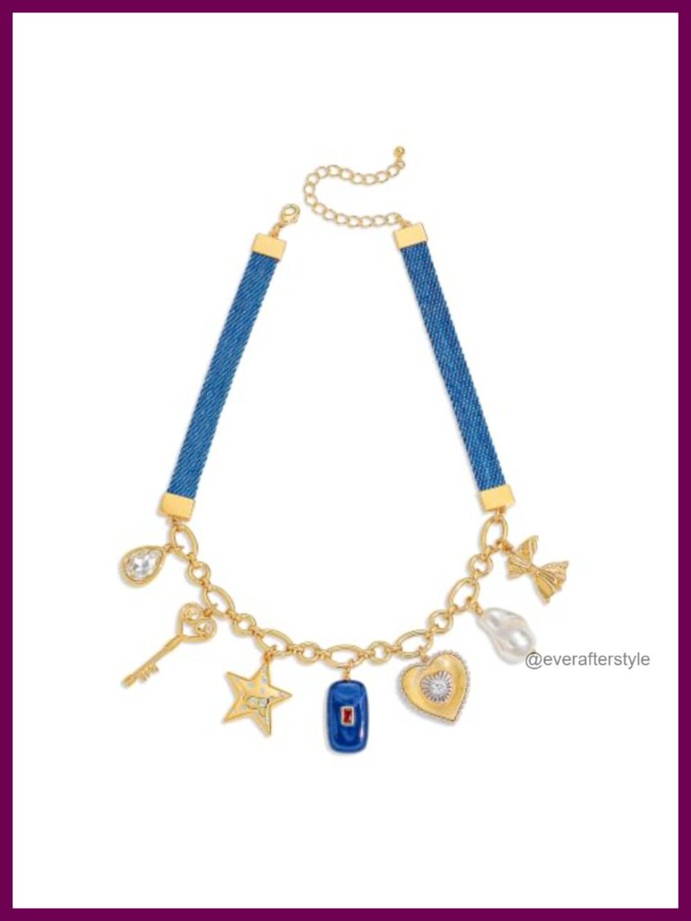 Statement Denim Necklace with Gold Tone Chain and Chunky Charms